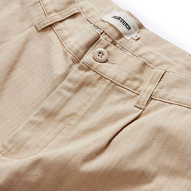 material shot of the button fly on The Matlow Short in Dune Washed Herringbone