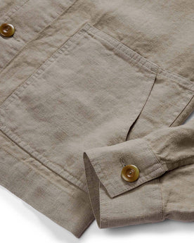 material shot of pockets on The Ojai Jacket in Arid Eucalyptus Hemp, Outerwear by Taylor Stitch