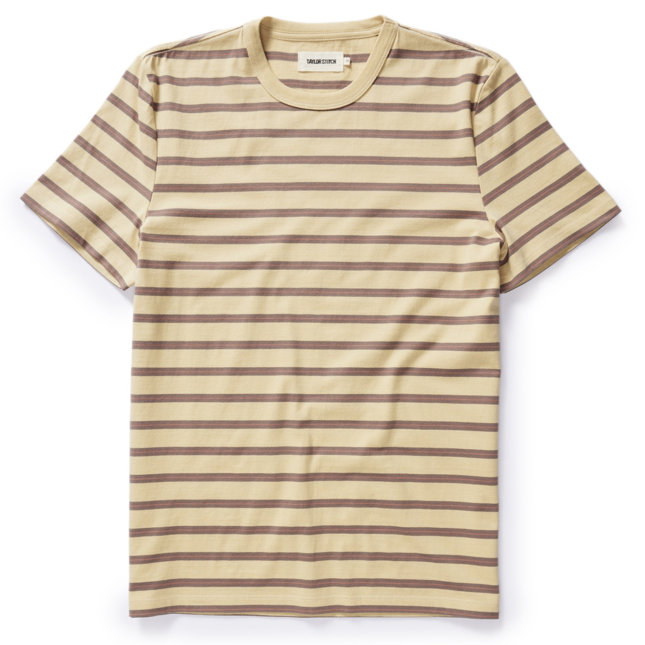 flatlay of The Organic Cotton Tee in Vintage Gold Stripe, Knits by Taylor Stitch