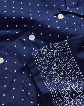 material shot of the star dot border pattern on the sleeve of The Short Sleeve Hawthorne in Indigo Star Dot Border, Wovens by Taylor Stitch