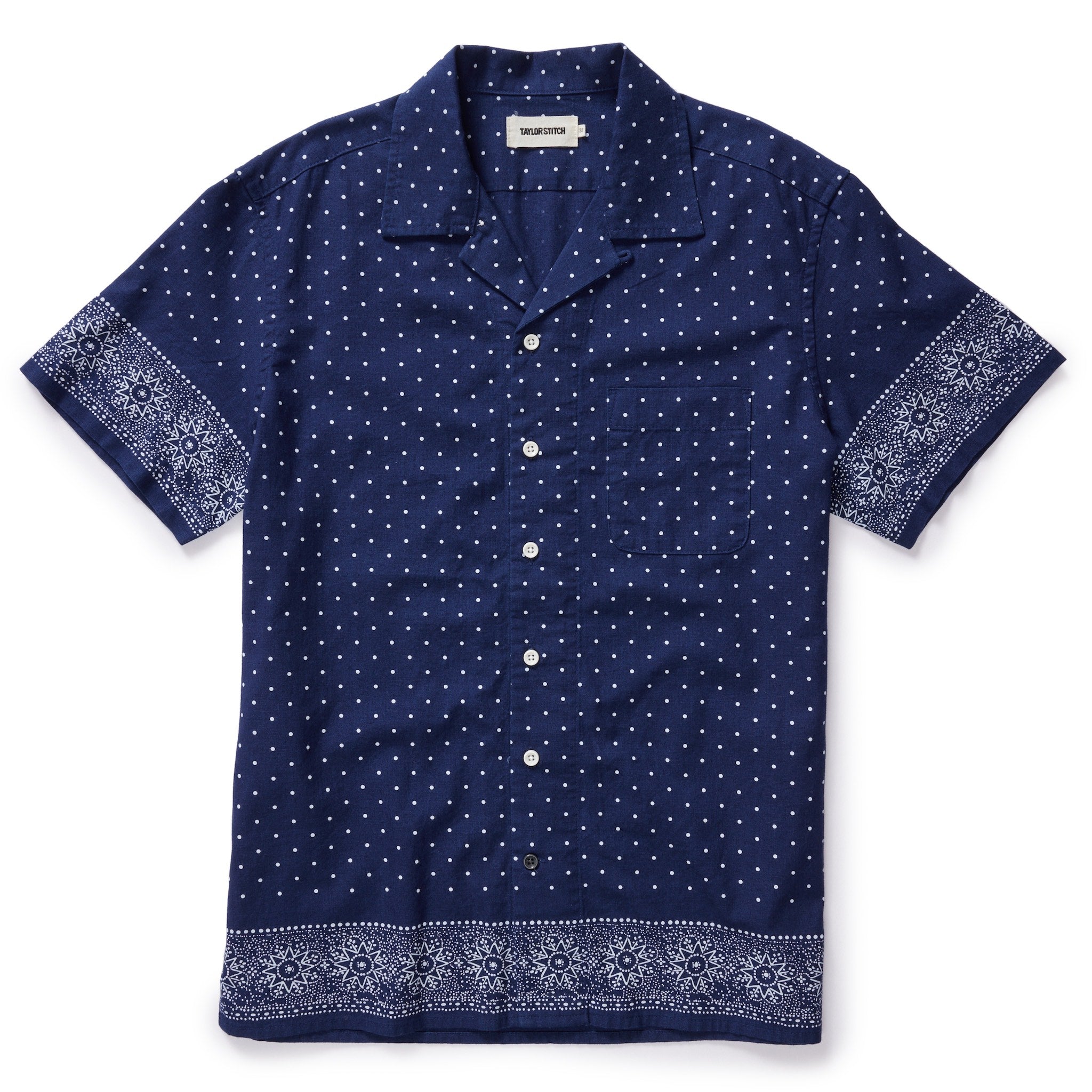 flatlay of The Short Sleeve Hawthorne in Indigo Star Dot Border, Wovens by Taylor Stitch