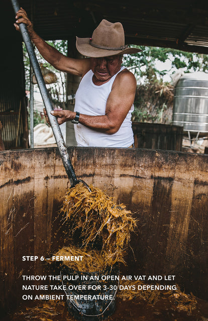Step 6: Ferment - a man stirring a mash in a large wooden barrel, using a long pitch fork.
