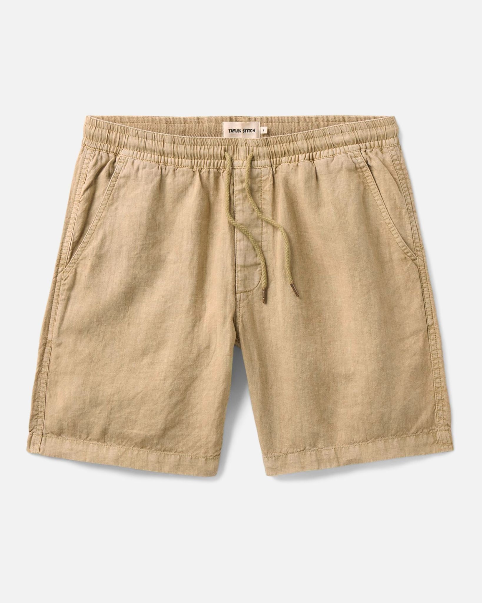 flatlay of The Apres Short in Field Khaki Hemp, Bottoms by Taylor Stitch