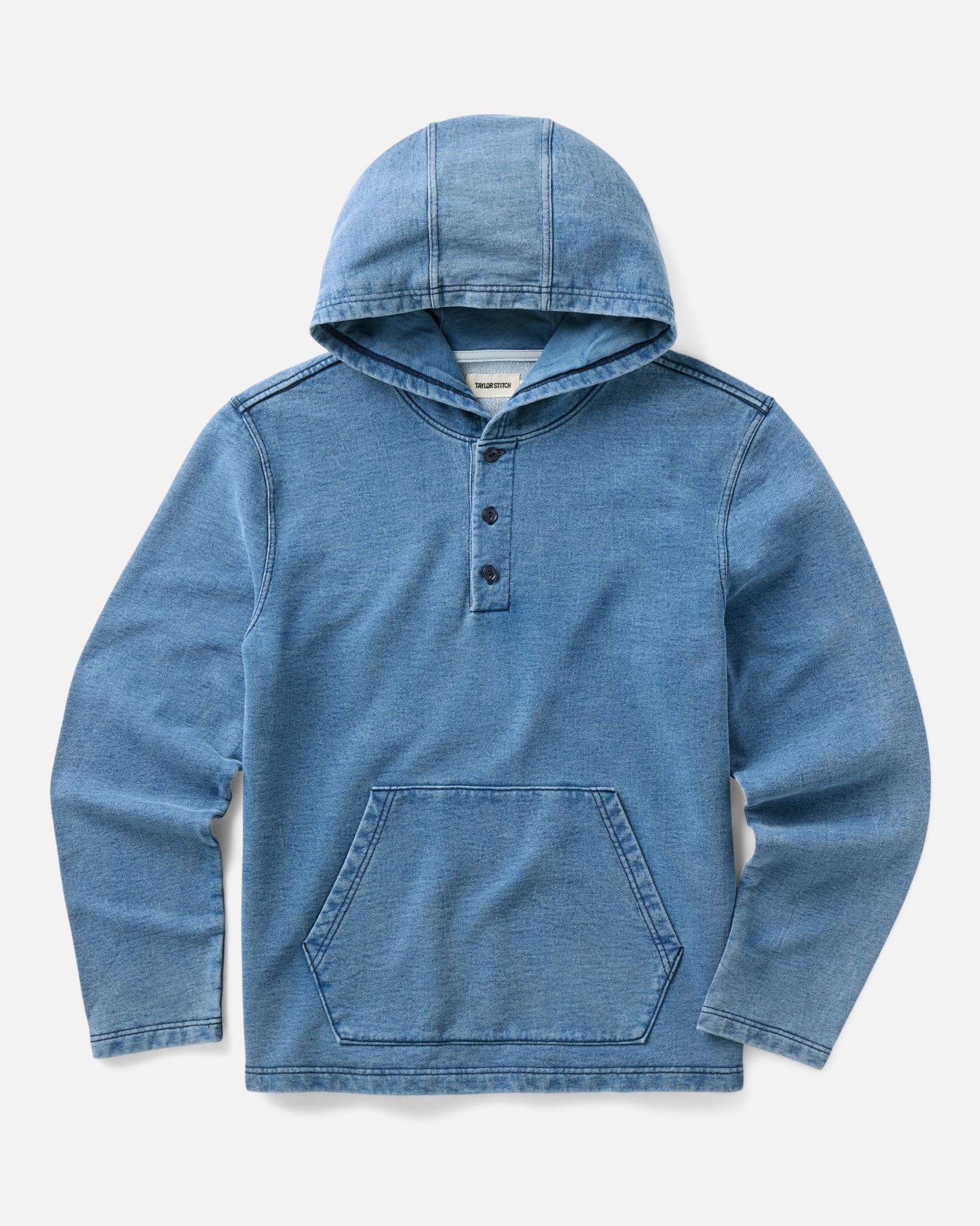 flatlay of The Baja Pullover in Washed Indigo Terry, Knits by Taylor Stitch