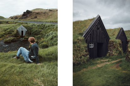 Diptych of Scott Bakken amidst wooden houses in a grassy meadow