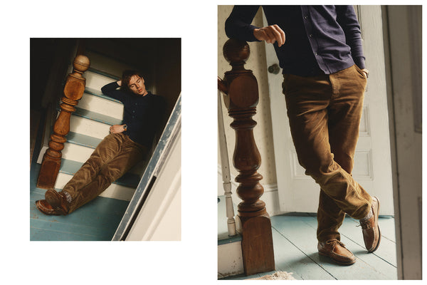 fit model posing in The Carnegie Pant in Bourbon Corduroy