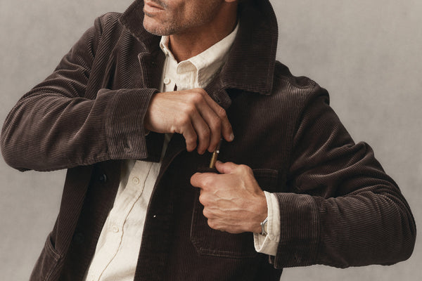 fit model showing off The Ojai Jacket in Soil Corduroy