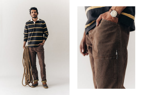 fit model posing in The Chore Pant in Aged Penny Chipped Canvas