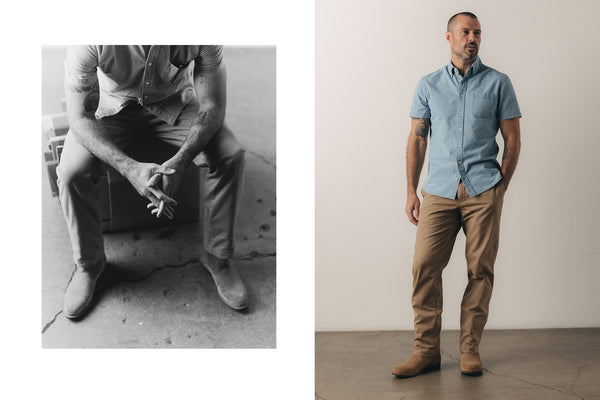 Model wearing The Foundation Chino Pant in Organic Khaki