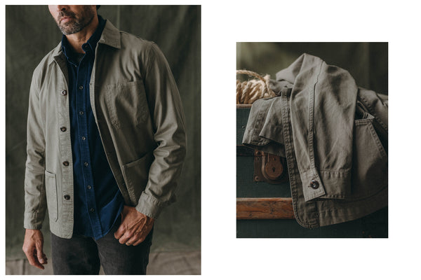 Model wearing The Ojai Chore Coat in Organic Smoked Olive