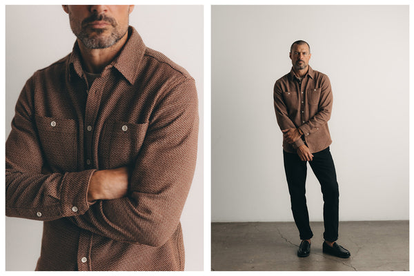 fit model posing in The Utility Shirt in Brick Sashiko