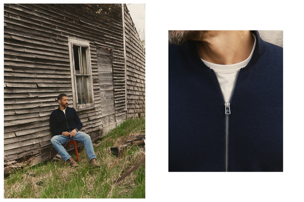 fit model showing off The Portola Jacket in Navy
