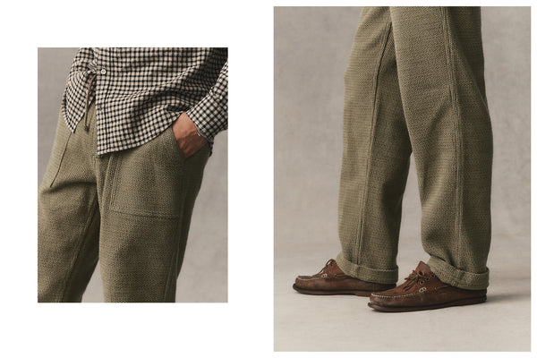 fit model showing off The Breakwater Pant in Cypress Sashiko
