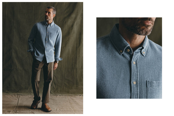 fit model posing in The Jack in Washed Indigo Waffle