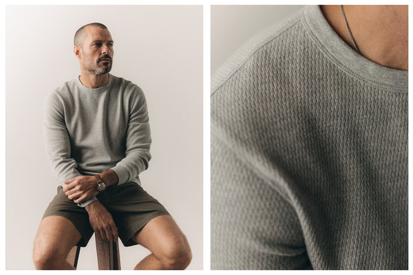 fit model posing in The Organic Cotton Crew in Heather Grey Waffle