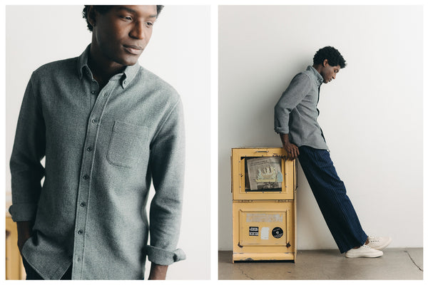 fit model posing in The Jack in Heather Grey Waffle