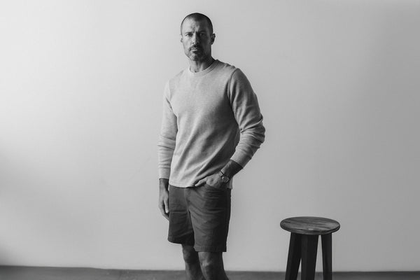 fit model showing off The Organic Cotton Crew in Heather Grey Waffle