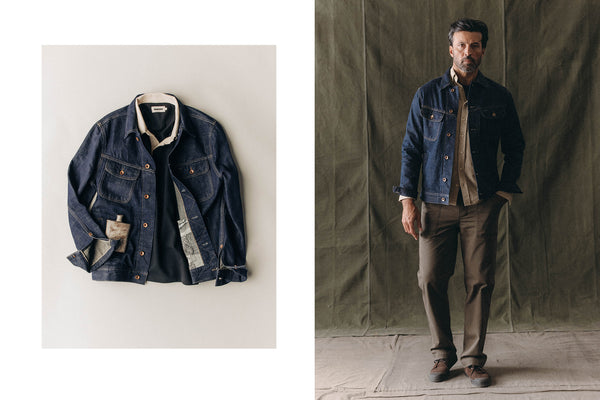 fit model posing in The Long Haul Jacket in Rinsed Indigo Selvedge