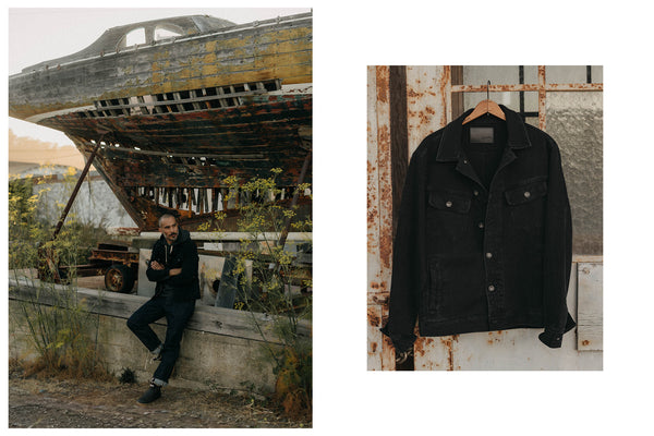 fit model posing in The Long Haul Jacket in Black Indigo Waffle