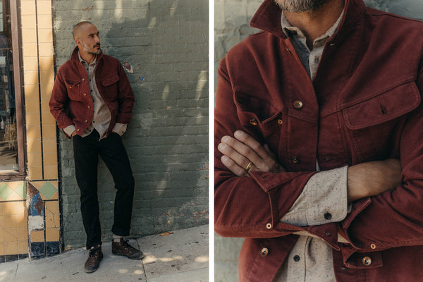 fit model posing in The Long Haul Jacket in Dried Cherry Moleskin