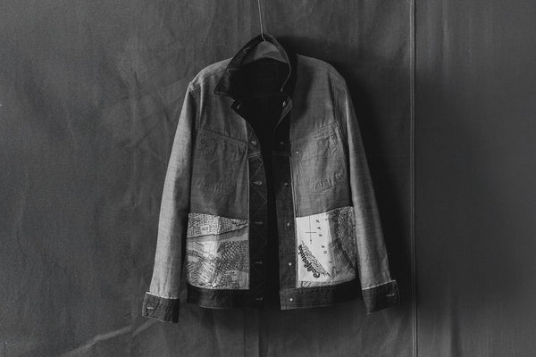 editorial hanging image of The Long Haul Jacket in Rinsed Organic Selvedge