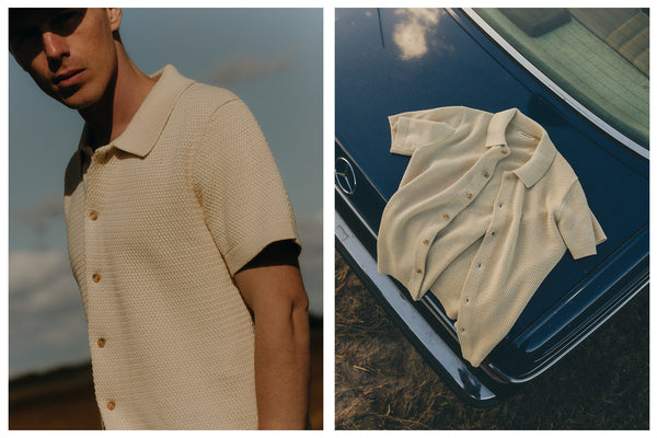 fit model posing in The Utility Shirt in Brick Sashiko