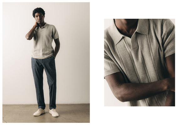 fit model sitting wearing The Breakwater Pant in Charcoal Sashiko