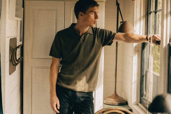 ffit model showing off The Utility Shirts in Sashiko