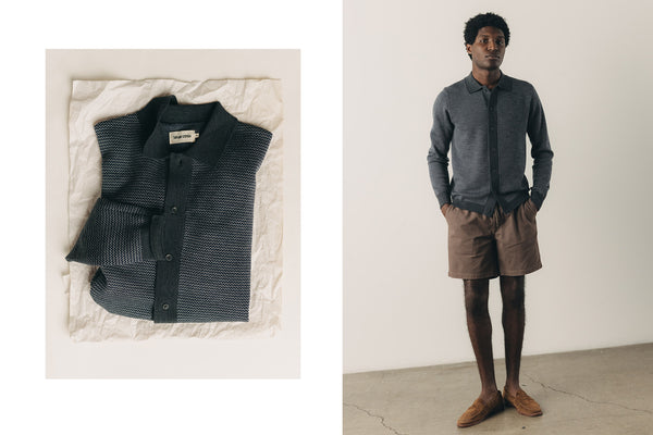 fit model showing off sashiko detailing on Utility Shirt