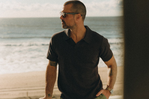 fit model showing off sashiko detailing on Utility Shirt