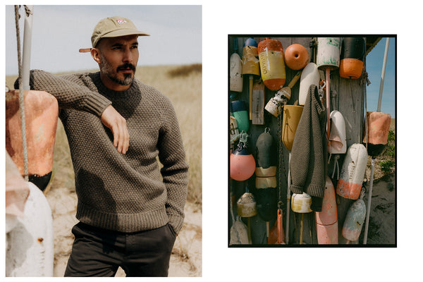 fit model posing in The Fisherman Sweater in Taupe Merino
