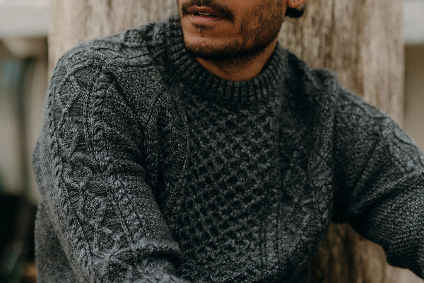 fit model wearing The Orr Sweater in Marled Marine Merino