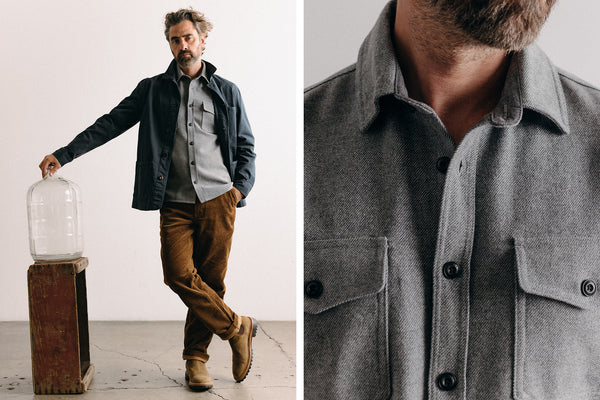 fit model posing in The CPO Shirt in Heather Ash Twill