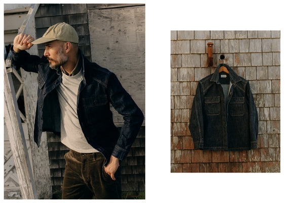 fit model posing in The Shop Shirt in Rinsed Indigo Selvedge