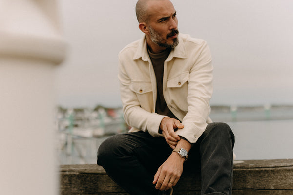fit model posing in The Maritime Shirt Jacket in Vintage Natural Twill