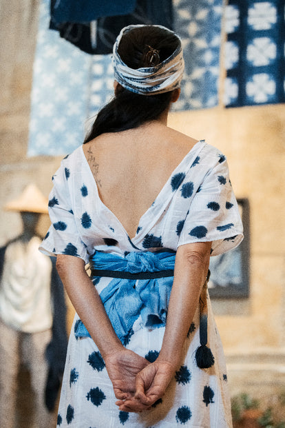 Teresa wearing her hand dyed indigo patterned dress