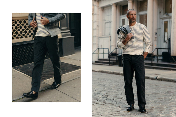 fit model showing off The Straight Foundation Pant in Organic Faded Black