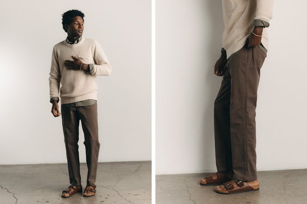 fit model showing off The Straight Foundation Pant in Organic Espresso