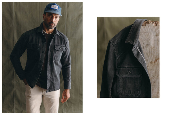 fit model posing in The Shop Shirt in Coal Chipped Canvas