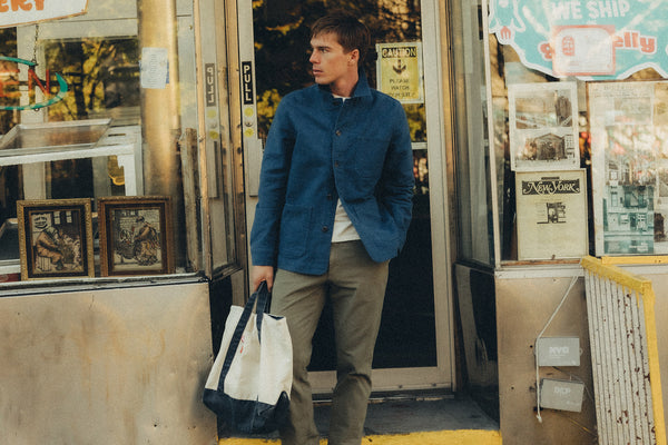 fit model posing in The Ojai Jacket in French Blue Moleskin