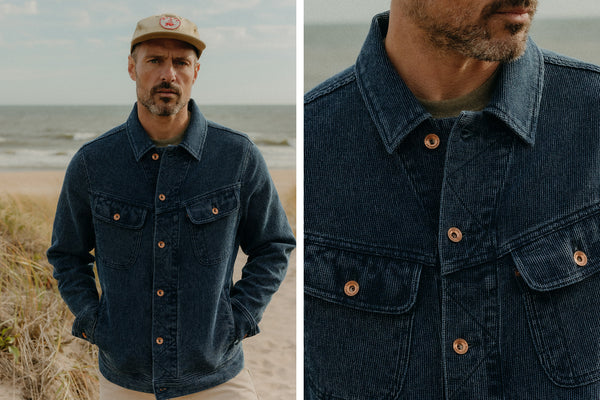 fit model posing in The Long Haul Jacket in Indigo Waffle