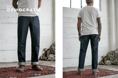 Split shot showing our guy from the front and back, in democratic selvage jeans and a plain white tee.