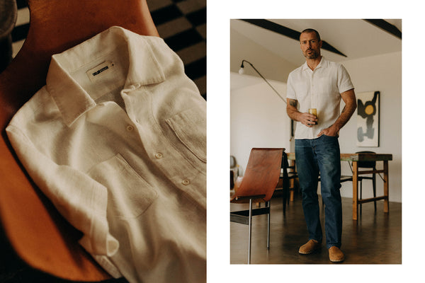 Model wearing The Conrad Camp Shirt with denim jeans