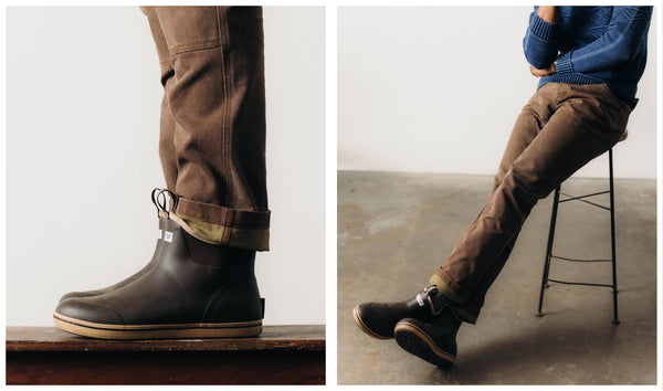 fit model posing in The Chore Pant in Aged Penny Chipped Canvas