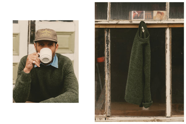 Model wearing The Eastmoor Sweater in Spruce Wool
