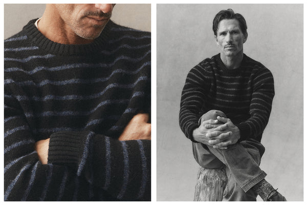 Model wearing The Eastmoor Sweater in Coal Stripe