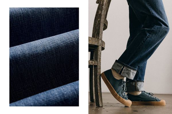 fit model showing off The Straight Jean in Mid Wash Organic Selvedge