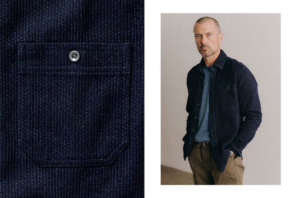 fit model posing in The Division Shirt in Rinsed Indigo Sashiko