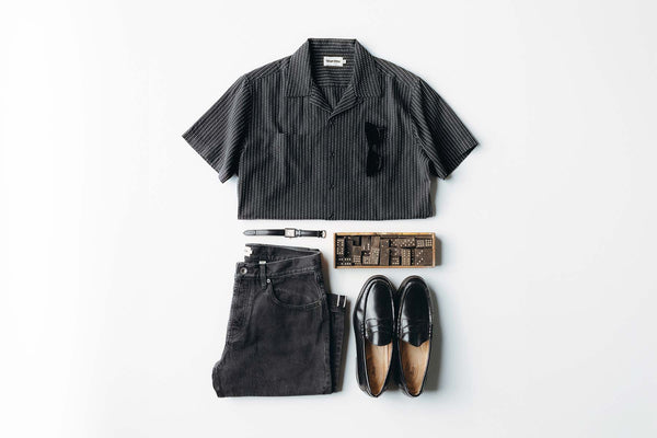 editorial flatlay of The Conrad Shirt in Pickstitch Stripe Dobby