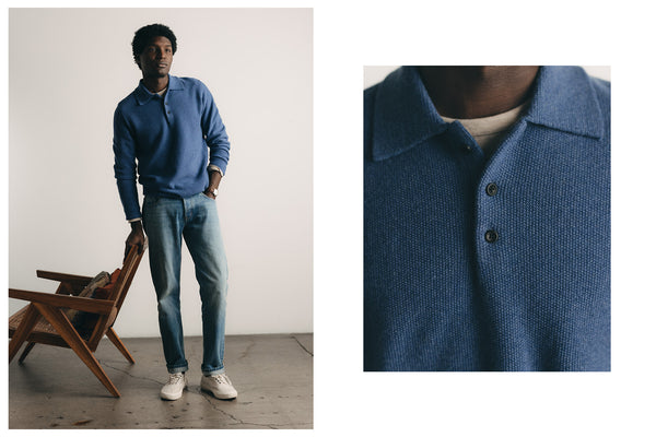 fit model posing in The Newton Sweater Polo in Heather Clear Blue